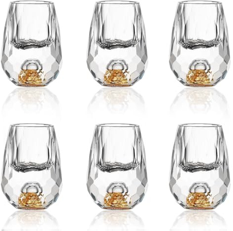 6 Stück Diamant-Schnapsgläser, 15 ml, mit 24K-Blattgoldflocken | Kristallglas-Shotgläser mit schwerem Boden für Wodka, Tequila und Whiskey, zur Dekoration, zum Sammeln oder Verschenken