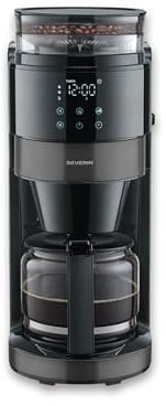 Severin Filter-Kaffeemaschine mit Glaskanne und Mahlwerk, 1,25L Füllmenge, bis zu 10 Tassen, Tropf-Stopp, intensives Aroma, automatische Abschaltung, LED-Display, 900W, dark inox, schwarz, KA 4830