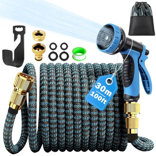 Expandable Garden Hose - Upgraded 3-Layer Latex Hose Pipe 100ft 30m Leak-Proof, Expanding Hose with Spray Gun,Stretchy Magic Hose with Fittings,No-Kink Flexible Water Hose for Garden,Pet & Car Cleaing