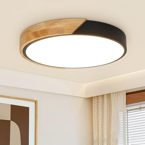 Kimjo Madera Lampara Techo LED Dormitorio, 24W Plafon LED Techo Negra