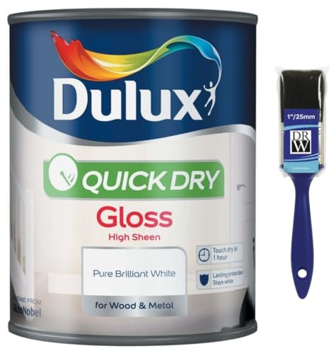 Pure Brilliant White Quick Dry Gloss Paint 750ml+ 1 Paint Brush | Interior Wood and Metal Paint | High Shine Durable Finish | Fast Drying Trim Paint for Doors Skirting Boards Radiators and Furniture