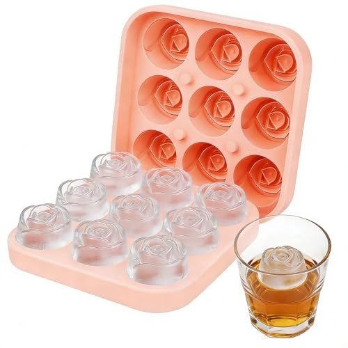 Eiswürfelform mit Deckel Silikon 9 Rosen Blassrosa | Für den Gefrierschrank, Leicht zu Entnehmen, Kugelform Blumen, Für Cocktails Mimosas Whiskey