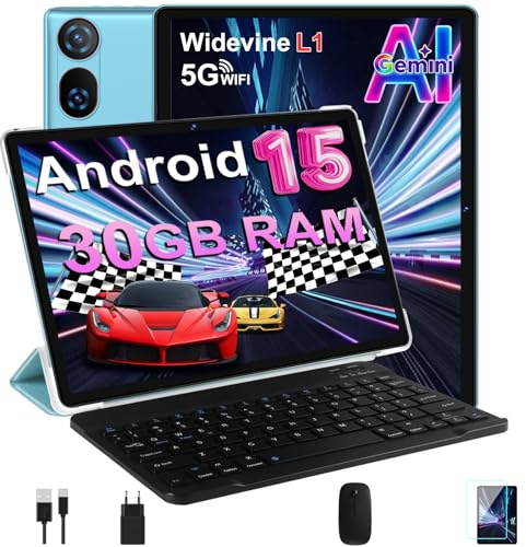 DMOAO Tablet 10 Pollici Android 15 con 30 GB RAM + 2TB ROM Espansione, FHD Tablet con Tastiera e Mouse, 5G Wi-Fi, GPS, Widevine L1, Octa-Core, USB-C, BT 5.0, 6000 mAh, 8MP+5MP, Gemini AI, Blu