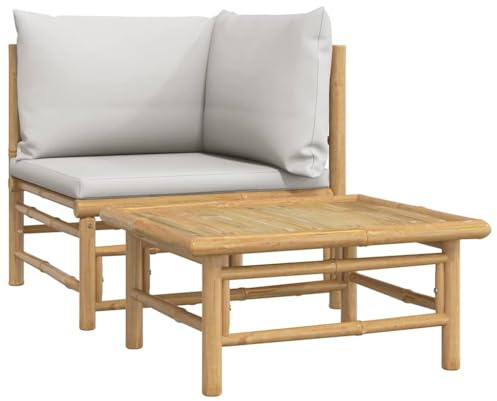 Foknhdi Lot de 2 meubles de jardin en bambou - Banc d'angle - Coussins gris clair - Table - 65 x 55 x 30 cm - Modulable - Pour extérieur, balcon, terrasse, petits meubles de jardin
