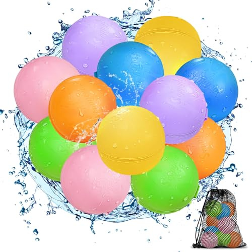 Wasserbomben Wiederverwendbar 12 Stück, Magnetisch Selbstschließend, Wiederbefüllbare Wasserbomben für Kinder 3-12 Jahre, Outdoor Spiele Wasserspielzeug für Poolparty & Garten Sommer