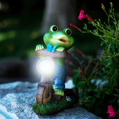 Frosch Solar Gartendeko für Draußen, Solar Frosch Statue mit Solarlicht, Wetterfeste und langlebige Froschfigur auf einem Roller Garten Tier Dekoration – Ideal für Garten, Balkon, Rasen & Teiche
