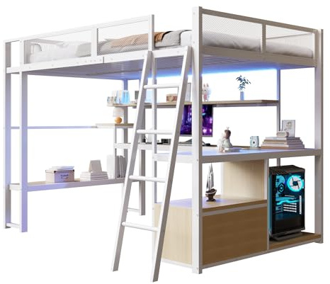 SOFTWEARY Hochbett mit Eckschreibtisch, LED-Streifen, PC-Ständer, Steckdose, USB, Rausfallschutz, Regal, Schrank, Kinderbett, Jugendbett, Metallbett (weiß, 140x200 cm)