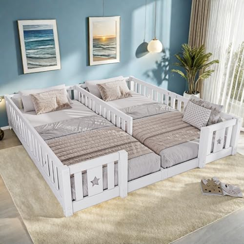 Kinderbett Bodenbett 180x200 cm, Montessori Bett mit Rausfallschutz & Lattenrost, Massivholz Gitterbett, Babybett Kinder Jugendbett Doppelbett für Jungen & Mädchen, niedrige Einstiegshöhe, Weiß