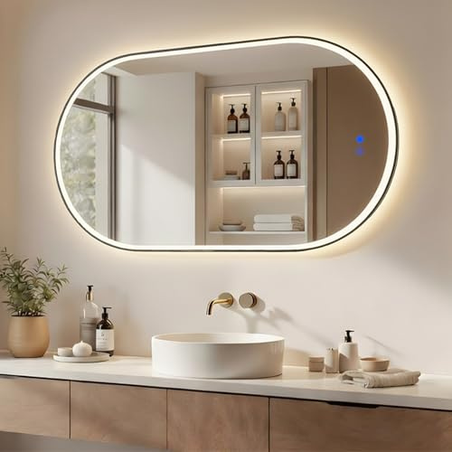 Artforma Badspiegel LED oval 50x100 cm - Badezimmerspiegel mit Beleuchtung | Anti-Beschlag | Touch-Schalter | beleuchteter Wandspiegel für Bad - schwarz matt