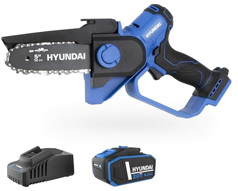 HYUNDAI Mini Akku Kettensäge 20V – Einhand Astsäge für Garten & Baumschnitt, 12 cm Schwert, Brushless Motor, automatische Kettenschmierung, inkl. 4Ah Akku & Ladegerät