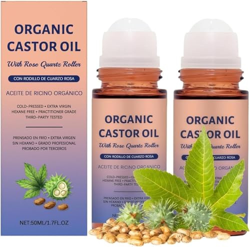 Organic Castor Oil Rose Quartz Roller Ball, 100% Pure Cold-Pressed, Organic Castor Oil Roll On Rose Quartz, Hexane-Free,Amber Glass Bottle for Skin 1.7oz (2Pcs)