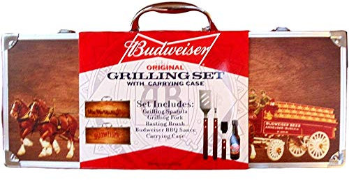 Budweiser Grillset mit Holztragetasche, 5-teilig, Premium-Grillwerkzeuge, Edelstahl, Aluminium, BPA-frei, rostfrei, spülmaschinenfest