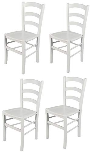 t m c s Tommychairs - 4er Set Stühle Venezia für Küche und Esszimmer, Robuste Struktur aus lackiertem Buchenholz im Farbton Weiss (deckend) und Sitzfläche aus Holz