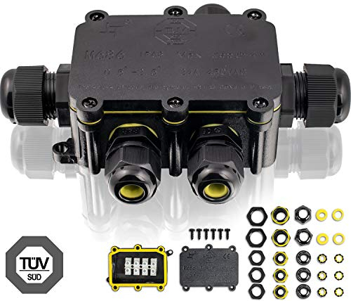 BAUBAR IP68 Abzweigdose (5-Fach) [NEUE GRÖßE - extra viel Platz] | wasserdichter Kabelverbinder Ø 4-12mm | TÜV-Zertifizierung | schwarz | Unterirdische/Pool Licht | Verbindungsdose | Abzweigbox