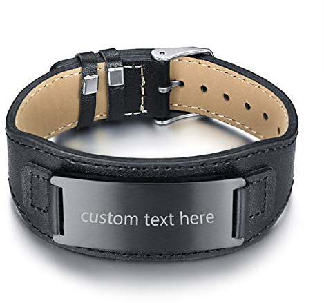 JewelryWe Schmuck Herren Lederarmband mit Gravur, Personalisierte Breit Armbänder Edelstahl Echtes Leder Geflochtene Einstellbare Armreifen Manschette für Jungen Männer, Schwarz