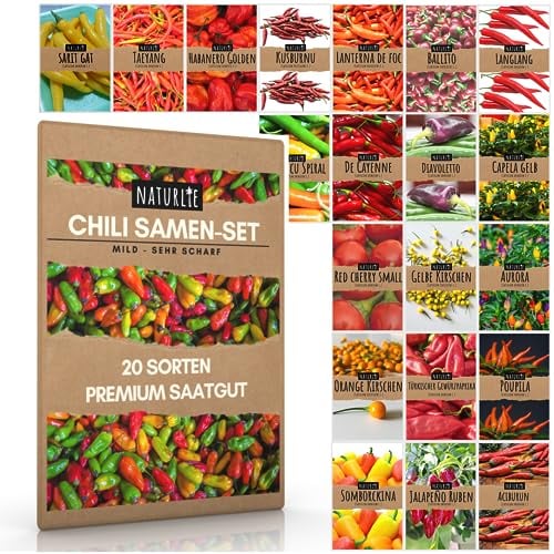 20er Chili Samen Set von Naturlie, 20 Sorten Chilisamen mild bis sehr scharf, Chili Set für Balkon, Garten, Gewächshaus, Hochbeet - Premium Chilisortiment
