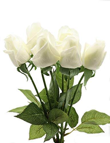CCUCKY 6 Pezzi Fiori Artificiali Rose, Fiori di Seta con Tocco Reale e Foglie Verdi, Perfetti per Matrimonio, Anniversario, Casa, Ufficio, Decorazione Fai-da-Te (Bianco)