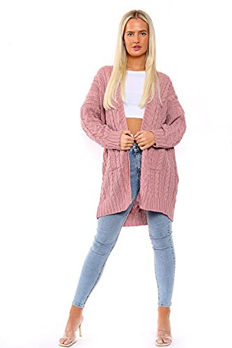 H&F ® New Women Ladies Long Sleeve 2 Side Pocket Chunky Cable Knitted Oversize Baggy Open Boyfriend Cardigan Size-16-18 20-22 24-26 (Pink, 20-22)