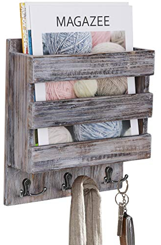 Vencipo Wandregal Schlüsselbrett mit 6 Haken Organizer, Bücherregal Holz für Wanddeko Kinderzimmer, Wand Dekoration für Eingangsbereich, Wohnzimmer Aufbewahrung von Briefen, Prospekten, Zeitschrift.