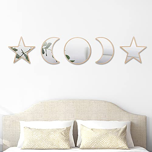 5 Stücke Boho Mond Stern Wand Dekoration, Acryl Sonne Mond Stern Phasen Spiegel Set, Skandinavisch Natürlich Holz Spiegel Böhmisch Wand Dekor für Haus Wohnzimmer Dekor, Kein Echter Spiegel