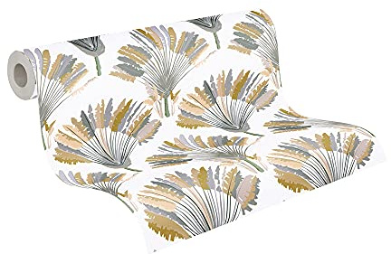 A.S. Création Architects Paper Dschungeltapete Jungle Chic Tapete tropisch PVC-freie Vliestapete gelb grau weiß braun grün matt glatt 377084 37708-4, 10.05 m x 0.53 m