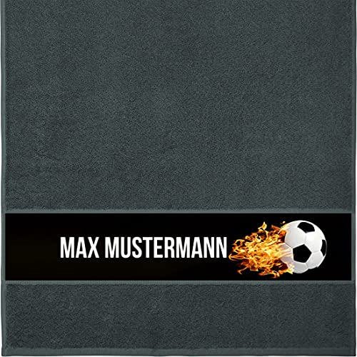 Handtuch mit Namen - personalisiert - Motiv brennender Fußball - viele Farben & Motive - Dusch-Handtuch - anthrazit - Größe 50x100 cm - persönliches Geschenk mit Wunsch-Motiv und Wunsch-Name
