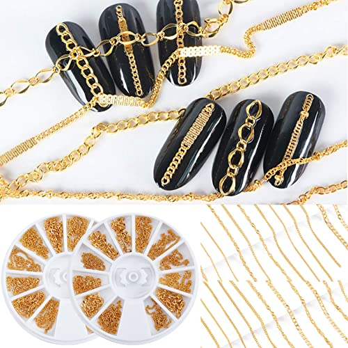 NICENEEDED 24 Streifen Nailart Metallketten, 3D Goldene Nagelzubehörketten, Nagel Punk Glitter Nieten Linienmuster Gemischte Form Legierung Ketten Nagel Charms