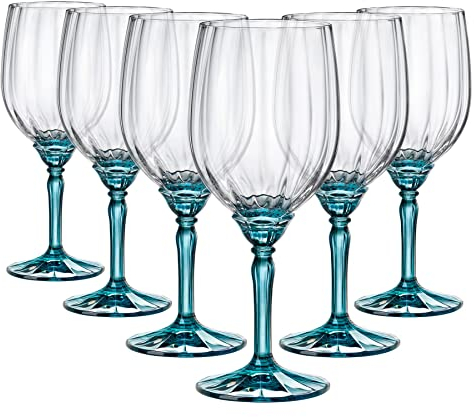 Bormioli Rocco 6X Bleu 535ml Florian Verres Vin Rouge - Grand Verre Blanc Rosé Longue Tige Cocktail Faire la Fête Buvant Gobelet Ensemble-Cadeau
