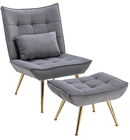 chairus Loungesessel Wohnzimmer Samt Relaxsessel mit Hocker Polsteressel für Schlafzimmer Einzelsessel mit Metallbeine (Grau)
