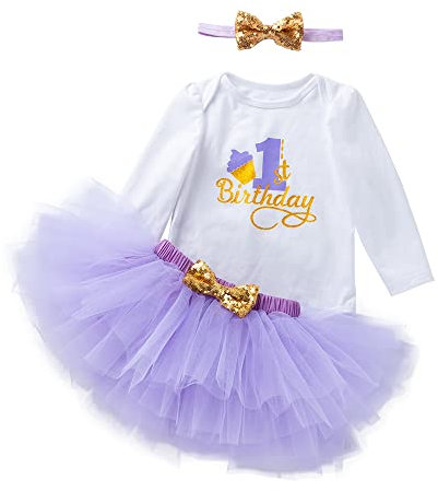 UUAISSO Neonata My 1st Birthday Vestiti Tutù a Maniche Lunghe Con Pagliaccetto Con Fascia Per Neonato Abiti Manica lunga Viola1 12 mesi