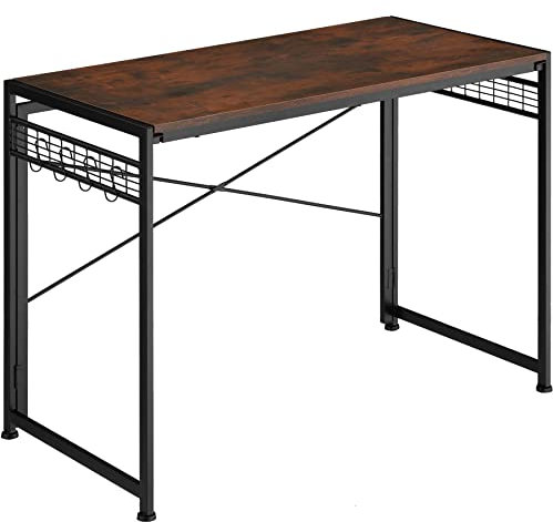 TecTake® Bureau Pliable 102 x 51 x 77 cm, Bureau Style Industriel, Grilles latérales avec Huit Crochets pour Accessoires, Table Ordinateur Meuble Industriel Table de Travail Teletravail, Bois foncé