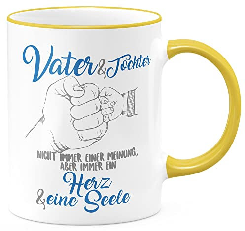 FunTasstic Tasse Vater und Tochter - ein Herz und eine Seele - für Vatertag Kaffeebecher beidseitig bedruckt Büro, Farbe:gelb, Größe:330 ml