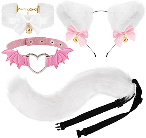 XEPST Katze Cosplay Kostüm Set, Schwanz und Ohren Set Faux Furry Fox Wolf Tail Kit mit Langer Fuchsschwanz und Ohren und Glockenkragen für Karneval Party Dekoration Kostüm Dressing Parteien, Weiß