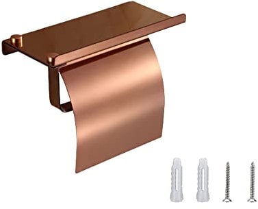Toilet Paper Holder with Shelf, Wall Mounted Toilet Paper Roll Holder, Rustproof Bathroom Washroom Tissue Roll Holder with Storage Shelf, Toilet Paper Roll Dispenser, Rose Gold