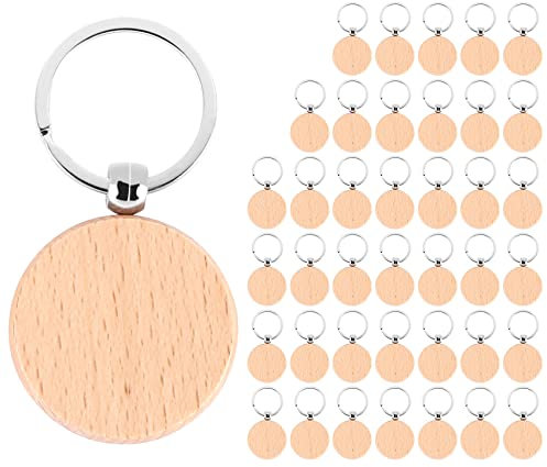 Wanjorlay 40 PièCes Porte-CléS en Bois Rond Blanc Bricolage Porte-CléS en Bois éTiquettes-CléS Peuvent Graver des Cadeaux de Bricolage
