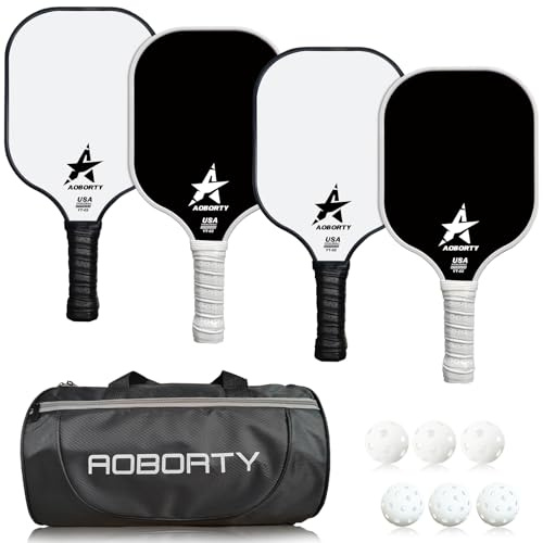 AOBORTY Pickleball-Paddel, 4 Stück, USAPA leichter Graphit, Premium-Schläger mit Faseroberfläche und Polymer-Wabenkern, Pickleball-Set mit 4 Outdoor-Bällen inklusive tragbarer Tragetasche