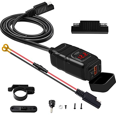 Shkalacar Cargador USB+Type C para Moto, Cargador SúPer RáPido Qc3.0 con Interruptor de Encendido/Apagado de VoltíMetro para TeléFono, Tableta, Manillar de 7/8 Pulgadas