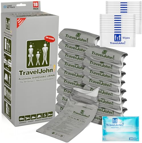 TravelJohn Resealable Disposable Urinal (TJ1N-C) - 18 Pack for All Genders, Adults, and Children