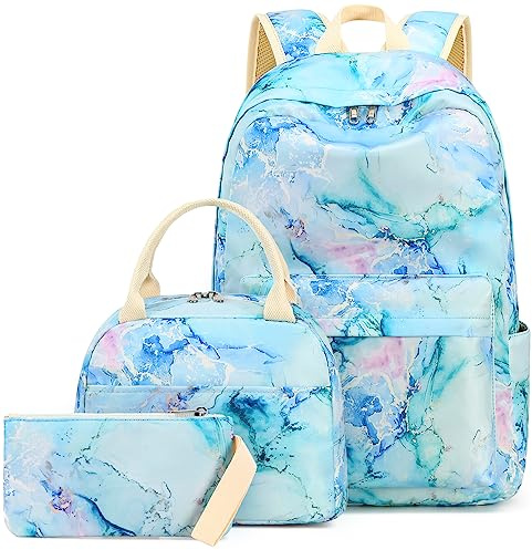 LEDAOU Rucksack für Mädchen, Schultasche, Kinder, Büchertasche, Teenager-Rucksack-Set, Tagesrucksack mit Lunchtasche und Federmäppchen, Marmor, Lila, Blau, Grün, Large, Rucksack