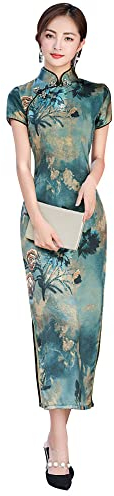 YUDATPG Robe chinoise Cheongsam pour femme, col mandarin, coupe ajustée, manches courtes, imprimé floral, robe sexy fendue sur le côté, robe costumée, Halloween, Vert, L