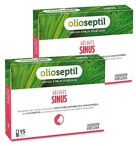 OLIOSEPTIL - Sinus - Complexe de Romarin, Niaouli, Menthe, Citron, Girofle, Ravintsara - Gélules Végétales L-Vcaps® - Assainit les voies respiratoires - Dès 15 Ans - Lot de 2
