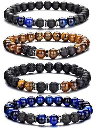 RANKEEF Perlenarmband Herren, 8 mm Perlenarmbänder Set, Stretch-Armbänder, Verstellbares Schwarzes Kristall-Perlenarmband