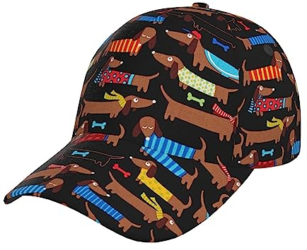 Unisex Washed Hawaiian Flower Print Baseball Cap for Men and Women - Adjustable Dad Hat with Flat Bill, I Love My Dog Dachshunds, One size