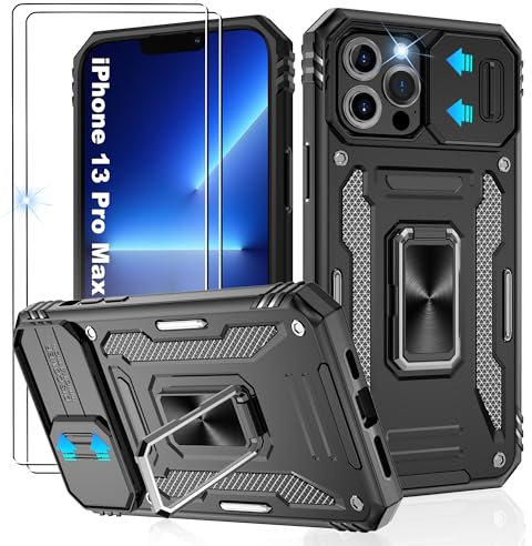 Jshru for iPhone 13 Pro Max Case with Screen Protector [2 Pack] and Slide Camera Cover,Military Grade Shockproof Phone Case,Ring Kickstand Phone Cover for iPhone 13 Pro Max,Black