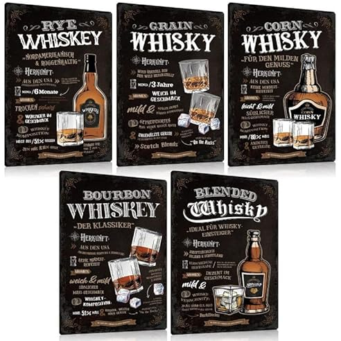 5er Set Retro Whiskey Rezepte Blechschild 20x30cm - Whisky Bar Schild Zubehör Dekoration - Metallschild Geschenk für Männer Whiskey Liebhaber Pub Club Partyraum Kellerbar Theke
