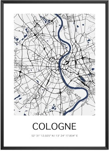 MJ-Graphics - Stadtkarte-Poster Köln - Bild mit schöner Karte & Koordinaten | Wandbild Din A3 in Galerie Qualität mit extra dickem 300g Posterpapier - FineArt Kunstdruck ohne Bilderrahmen