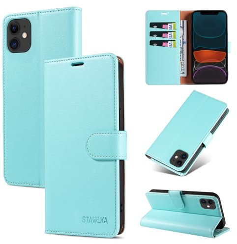 STAWLKA Case for iPhone 12 Mini, Premium PU Leather Flip Magnetic Buckle Wallet Case Kickstand Blocking RFID Shockproof Protective Phone Cover for iPhone 12 Mini - Mint Green