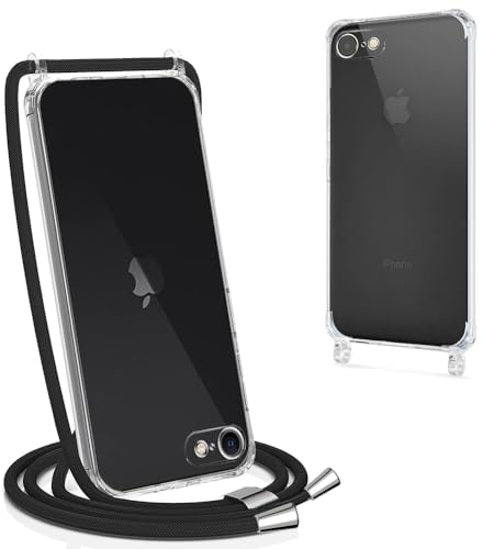 CaseLover Handyband für iPhone SE 2022/6/6S/7/8/SE 2020 Hülle mit Band, Necklace Handyhülle mit Abnehmbar Kordel zum Umhängen Stossfest Transparent Handy Schutzhülle mit Schwarz Schnur für iPhone 8/7