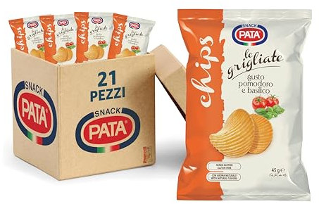 PATA | Patatine Classiche, Patatina Grigliata Gusto Pomodoro e Basilico Metalizzata, Senza Glutine, Con Olio di Semi di Girasole, con Aroma Naturale, 21x45g