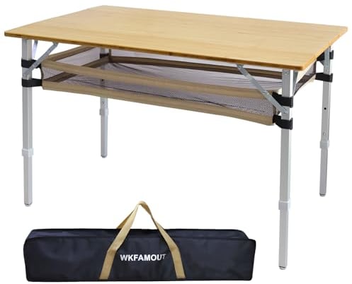 WKFAMOUT Klapptisch Campingtisch Bambus Klappbar Höhenverstellbar 100x60 cm Outdoor Gartentisch 4 Faltbar Aluminium Beine mit Netzbeutel für Camping Picknick Kochen Wandern Reisen